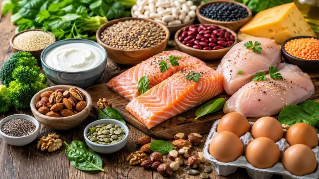 Healthy assortment of high-protein foods including eggs, salmon, yogurt, beans, and nuts.