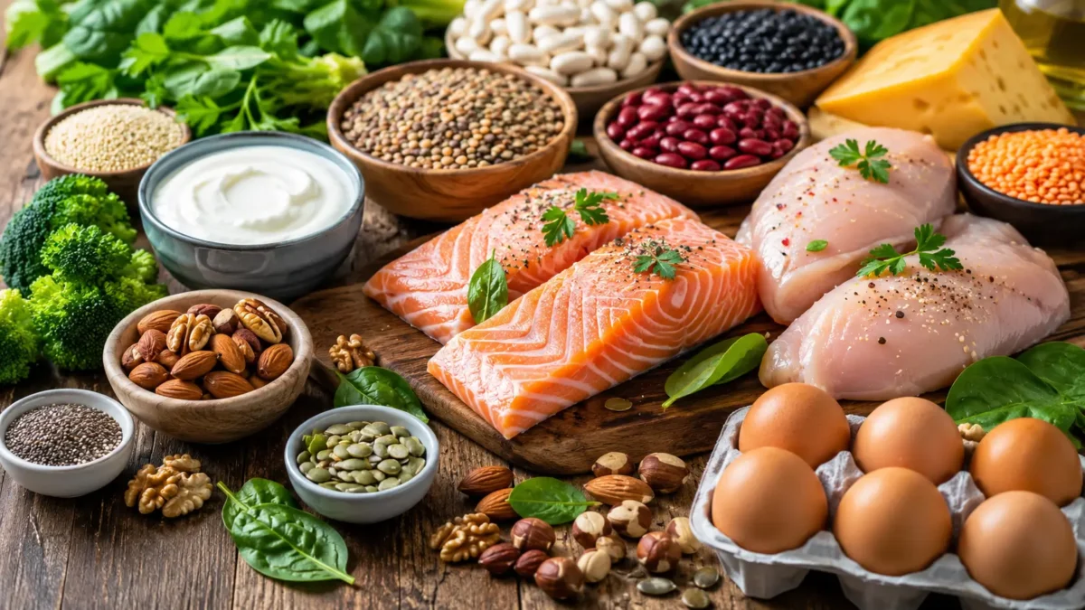 Healthy assortment of high-protein foods including eggs, salmon, yogurt, beans, and nuts.