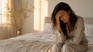 Person sitting on edge of bed in morning light looking fatigued and rested