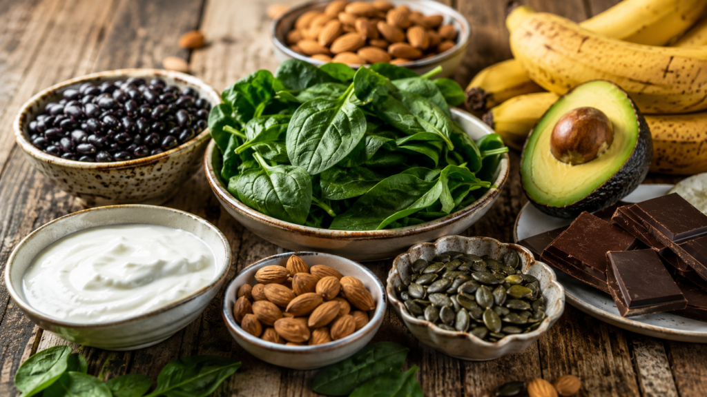 Assortment of magnesium-rich foods including leafy greens, seeds, nuts, beans, and dark chocolate.