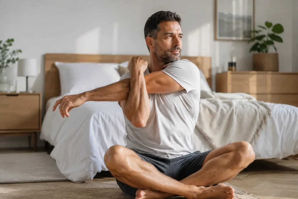 Adult stretching in the morning after waking up, illustrating fatigue and muscle health.