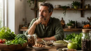 Healthy adult reflecting on nutrition with magnesium-rich foods displayed on a table.