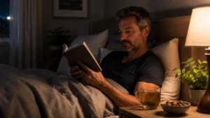 Relaxing bedtime routine featuring reading and magnesium-rich foods in a peaceful bedroom.