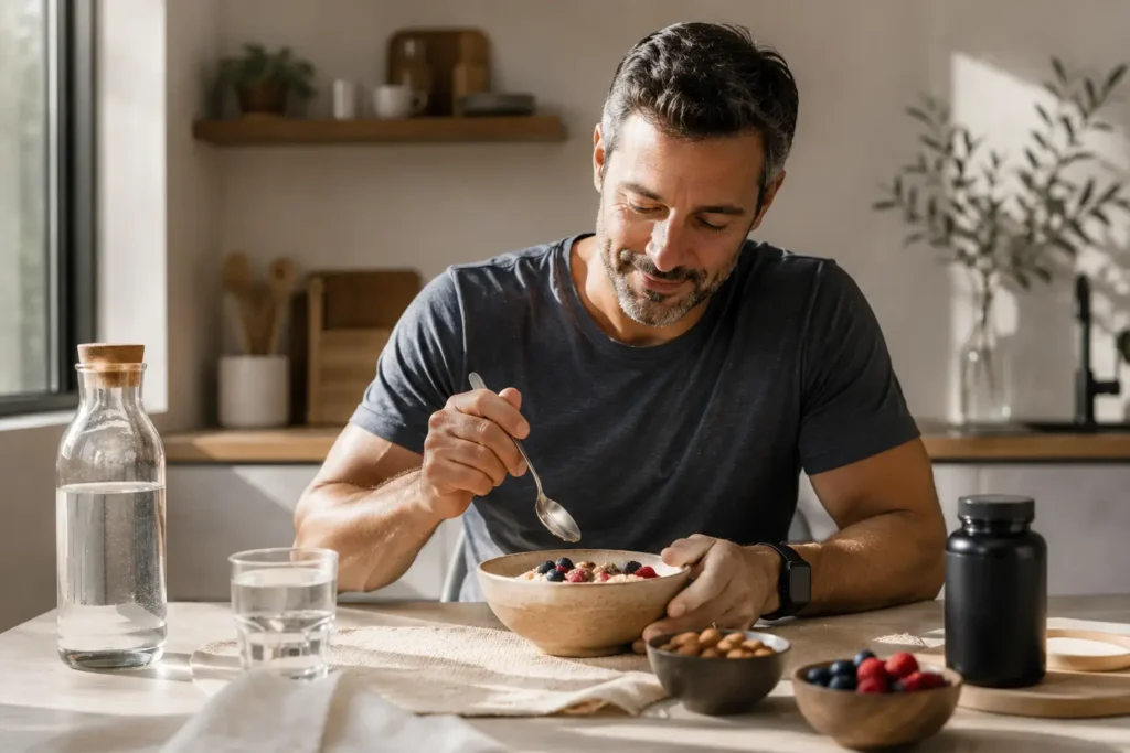 Healthy breakfast routine with nutritious foods and a magnesium supplement.