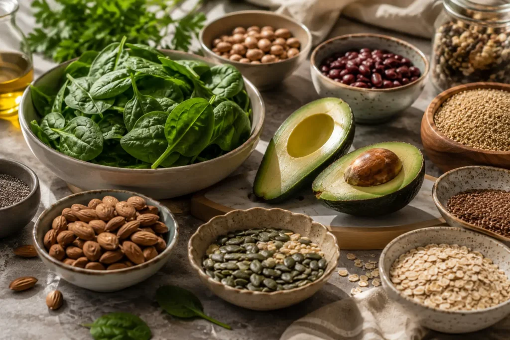 Whole foods naturally rich in magnesium displayed on a kitchen table.