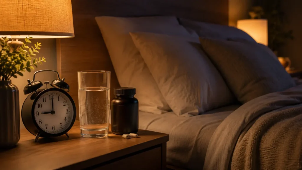 Bedside table with a glass of water, clock, and magnesium supplement bottle in a calming bedroom.