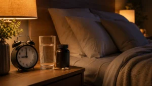 Bedside table with a glass of water, clock, and magnesium supplement bottle in a calming bedroom.
