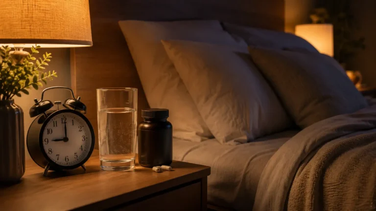Bedside table with a glass of water, clock, and magnesium supplement bottle in a calming bedroom.