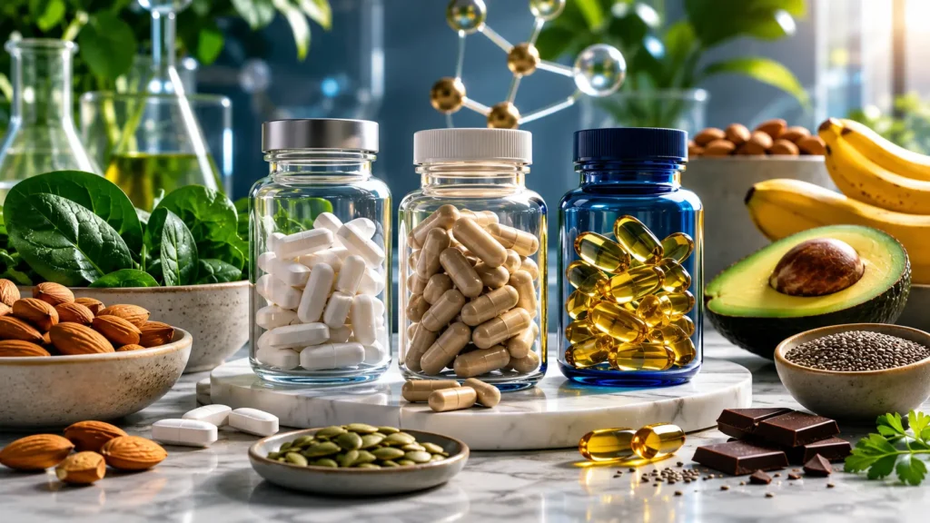 Healthy adult comparing nutrition choices with magnesium-rich foods in a modern kitchen.