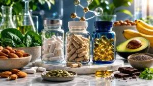 Healthy adult comparing nutrition choices with magnesium-rich foods in a modern kitchen.
