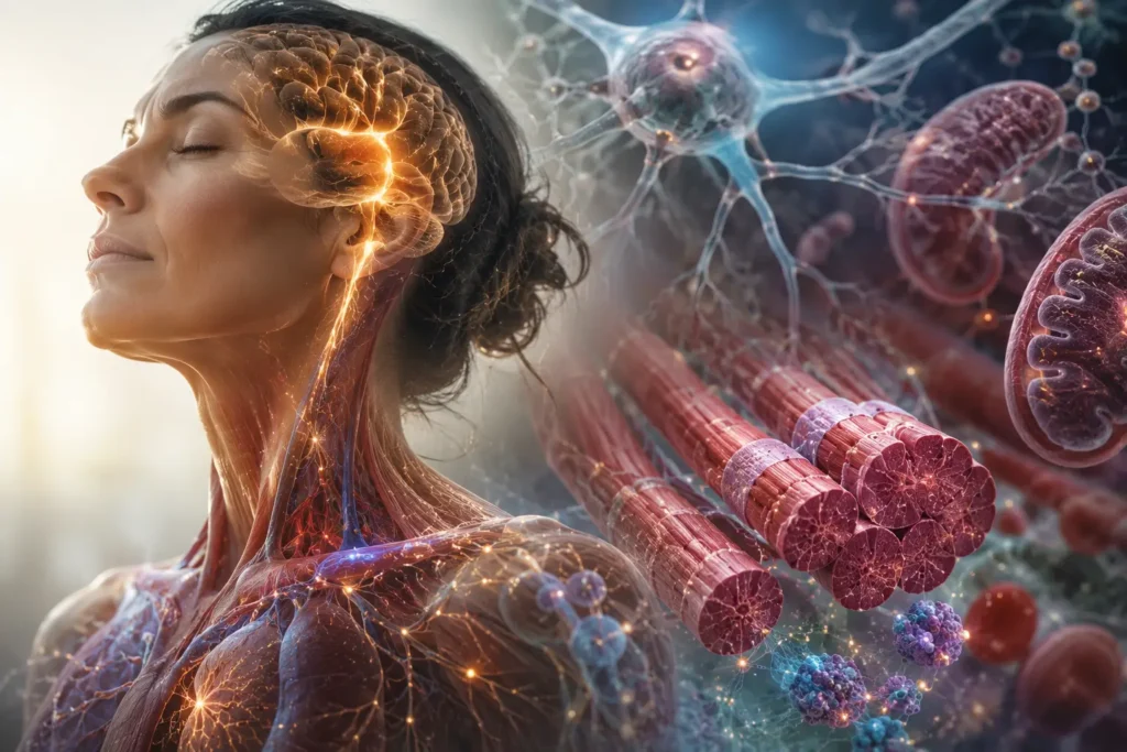 Scientific illustration showing magnesium's role in muscle cells and nerve communication.