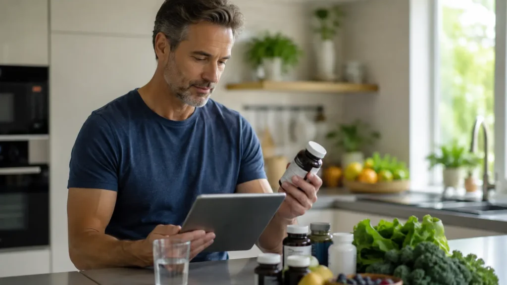 Adult carefully reviewing magnesium supplements before use.