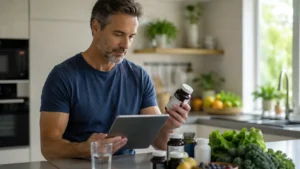 Adult carefully reviewing magnesium supplements before use.