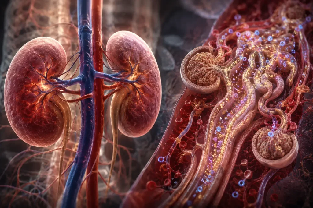 Scientific visualization of kidneys regulating mineral balance in the human body.