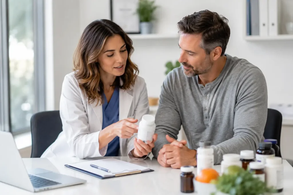 Healthcare professional discussing supplement use with an adult patient.
