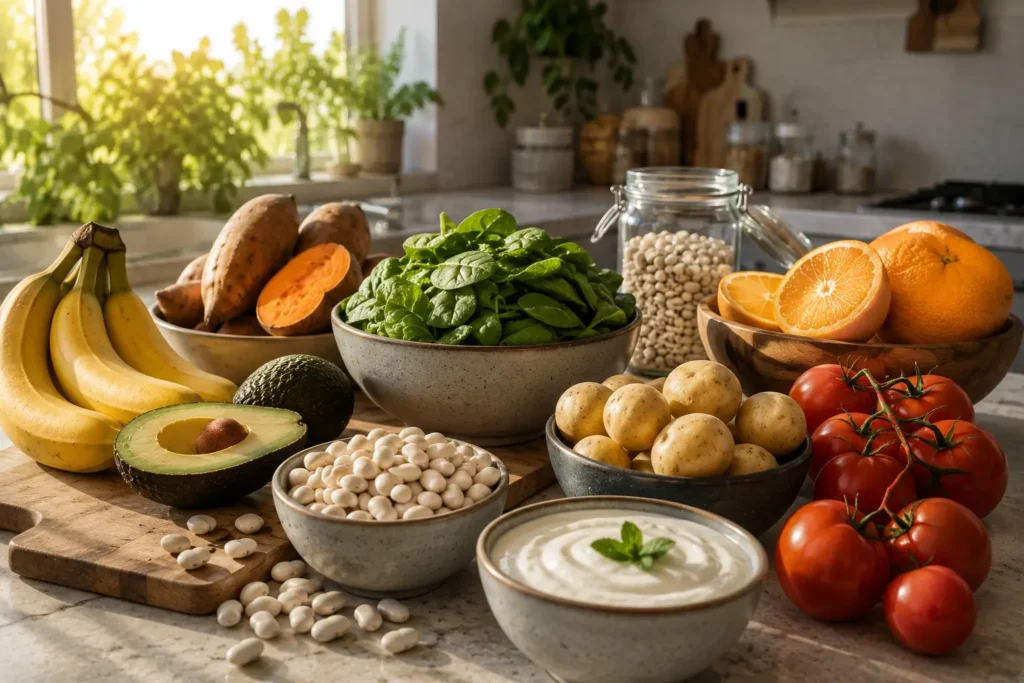 Collection of potassium-rich whole foods arranged in a bright kitchen.