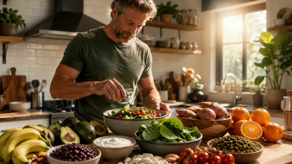 Healthy meal preparation featuring naturally potassium-rich foods.