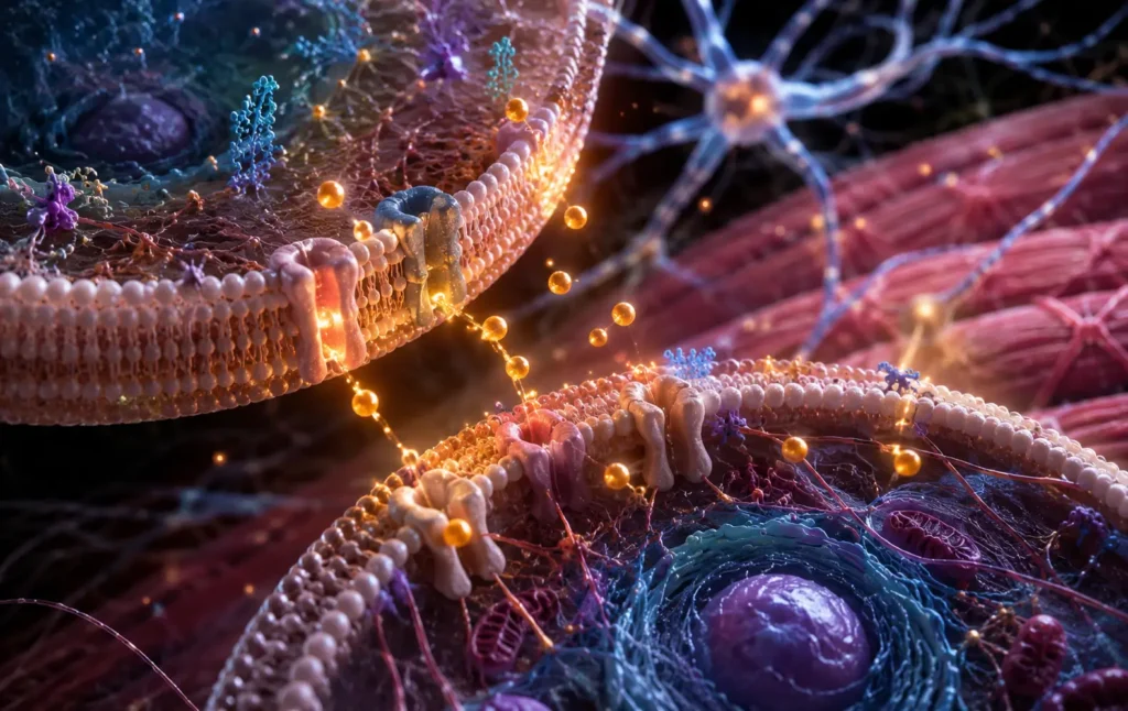 Scientific illustration of potassium ions supporting communication between human cells.