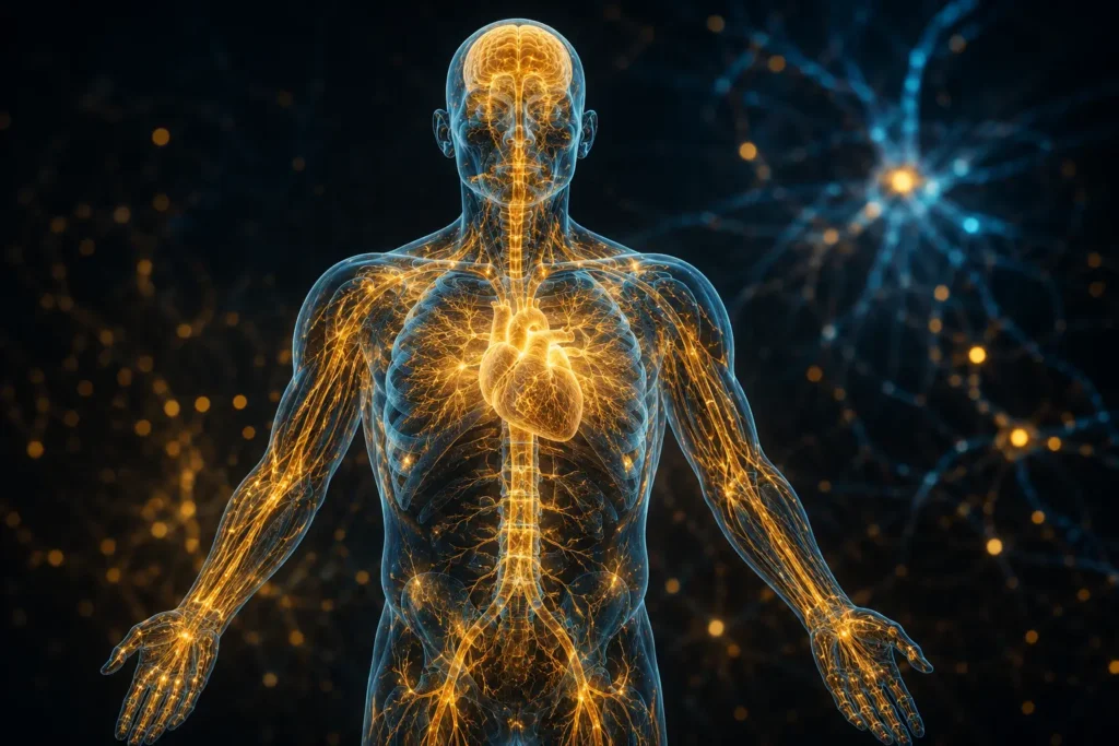 Conceptual visualization of potassium supporting electrical communication throughout the body.