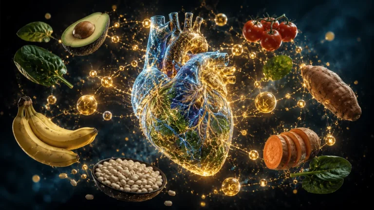 Conceptual editorial image showing potassium-rich foods surrounding a glowing human heart.