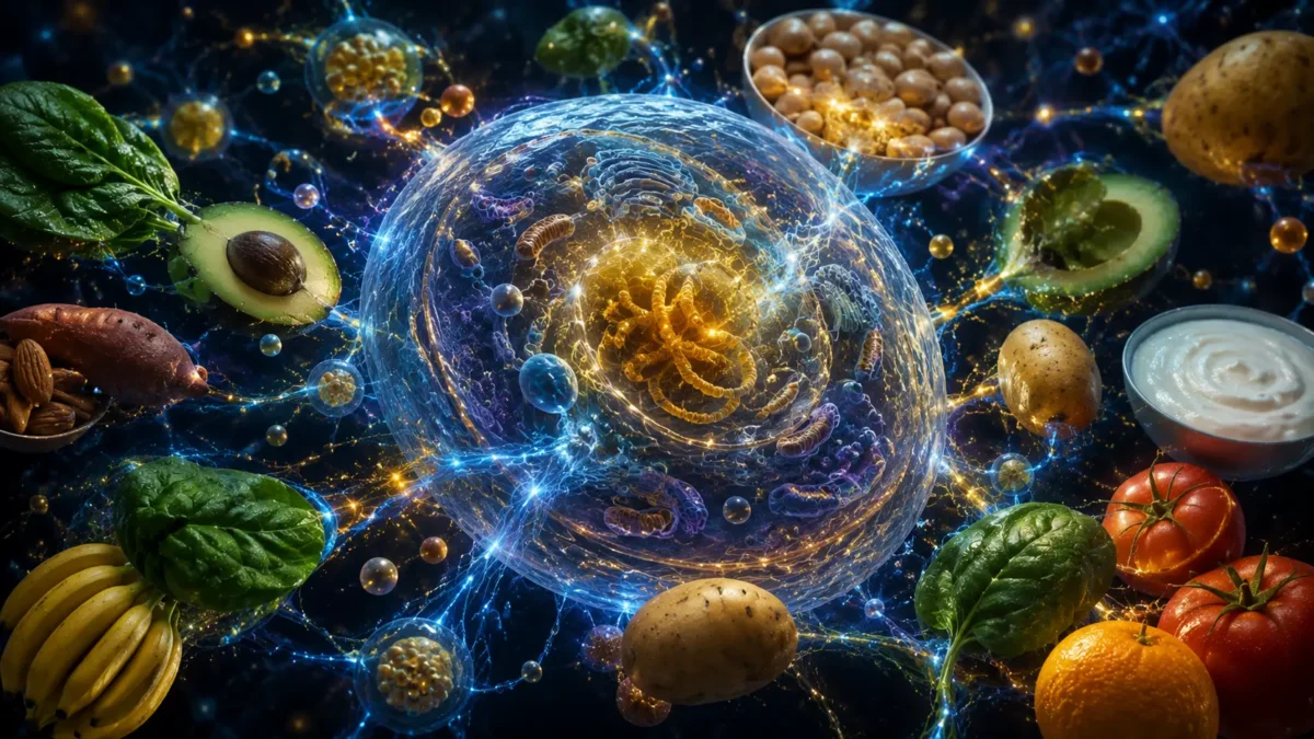 Conceptual editorial illustration showing potassium-rich foods orbiting a glowing human cell.