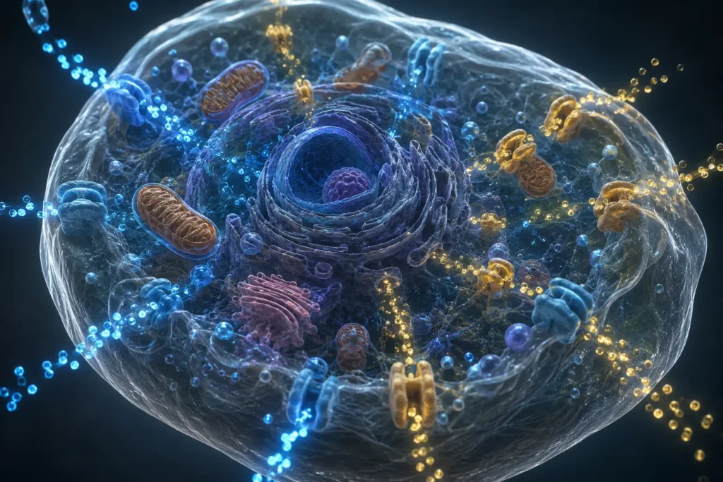 Scientific visualization of potassium and magnesium functioning inside human cells.