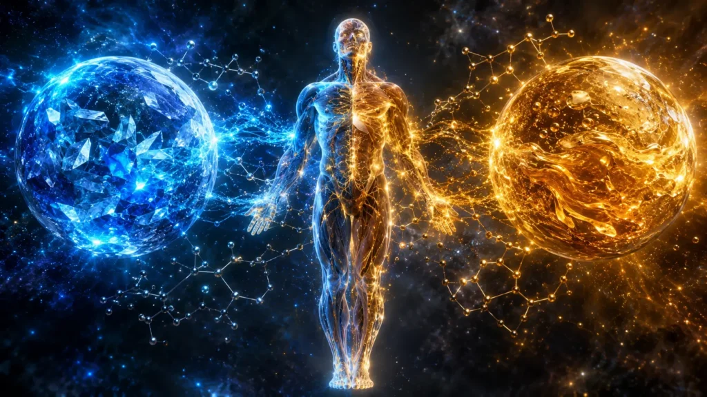 Conceptual editorial illustration comparing potassium and magnesium in human physiology.