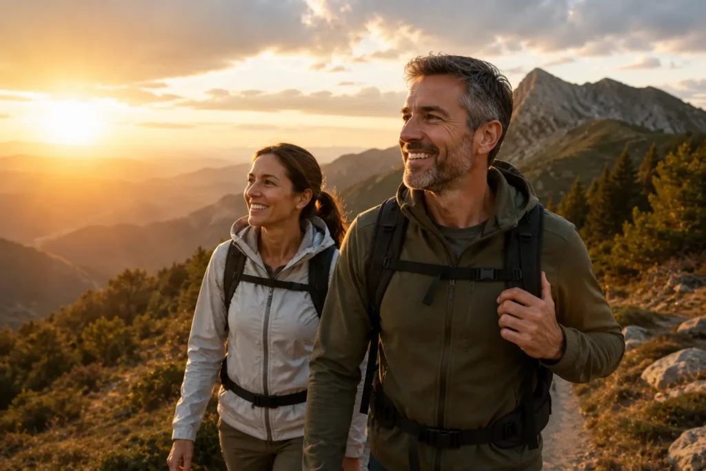 Healthy couple hiking outdoors as part of an active lifestyle.