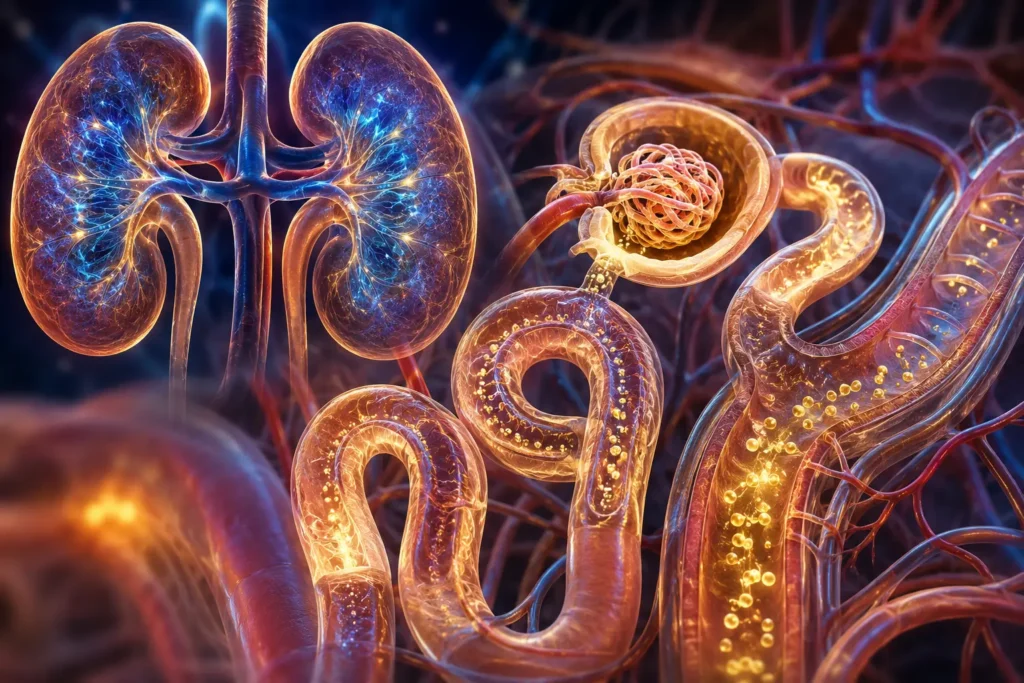 Scientific illustration showing the kidneys helping regulate potassium balance.