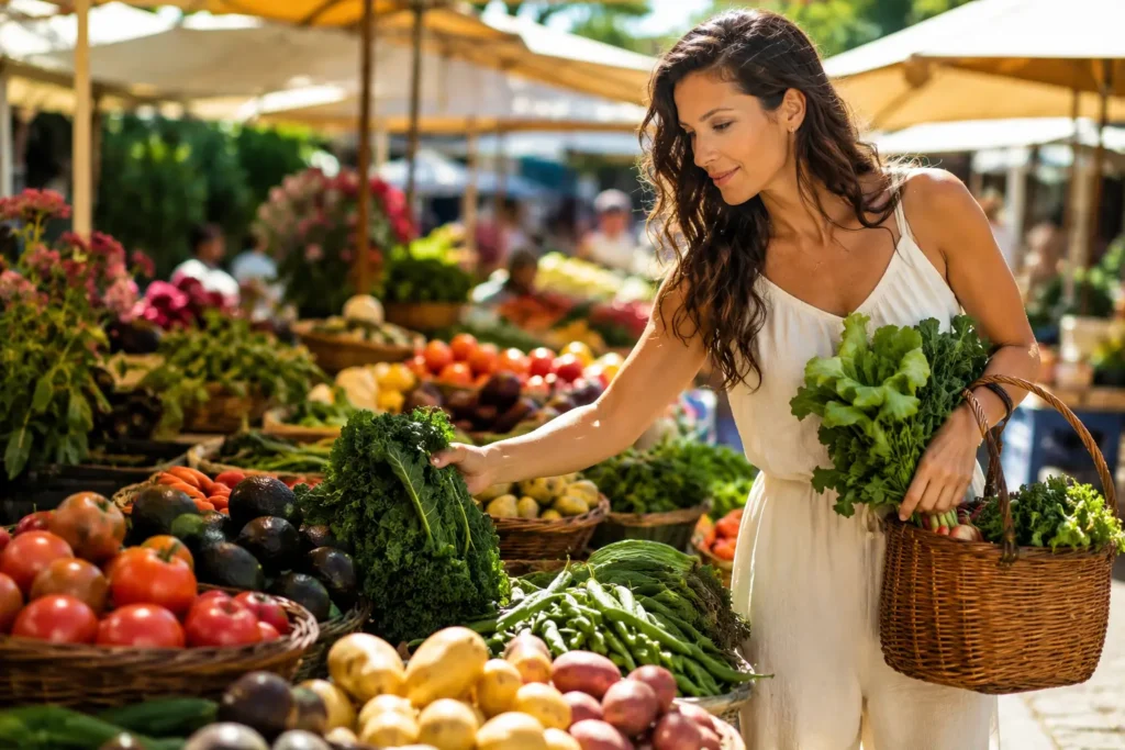 Person choosing fresh fruits and vegetables at a local farmers market.