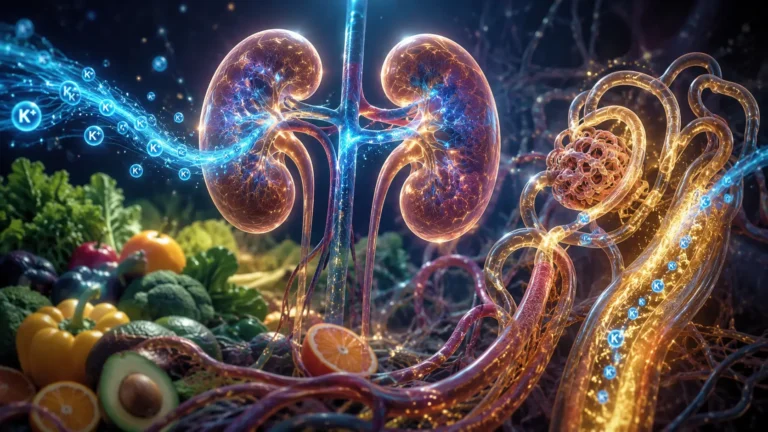 Editorial illustration representing potassium balance and kidney function.