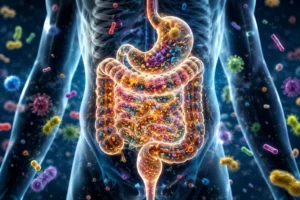 Scientific illustration of a healthy gut microbiome supported by probiotic foods.