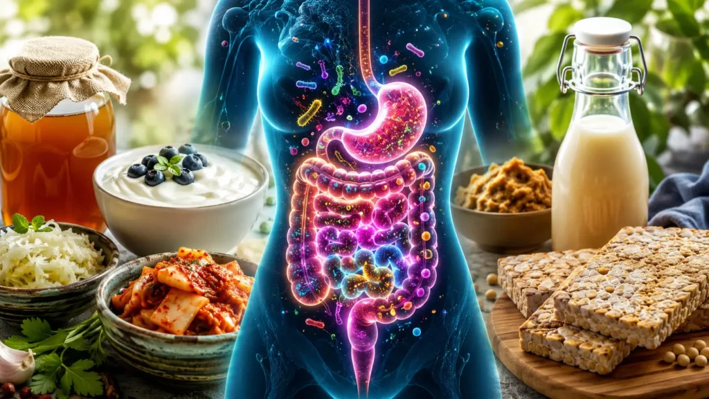 Healthy gut microbiome supported by probiotic foods including yogurt, kefir, kimchi, sauerkraut, kombucha, miso, and tempeh.