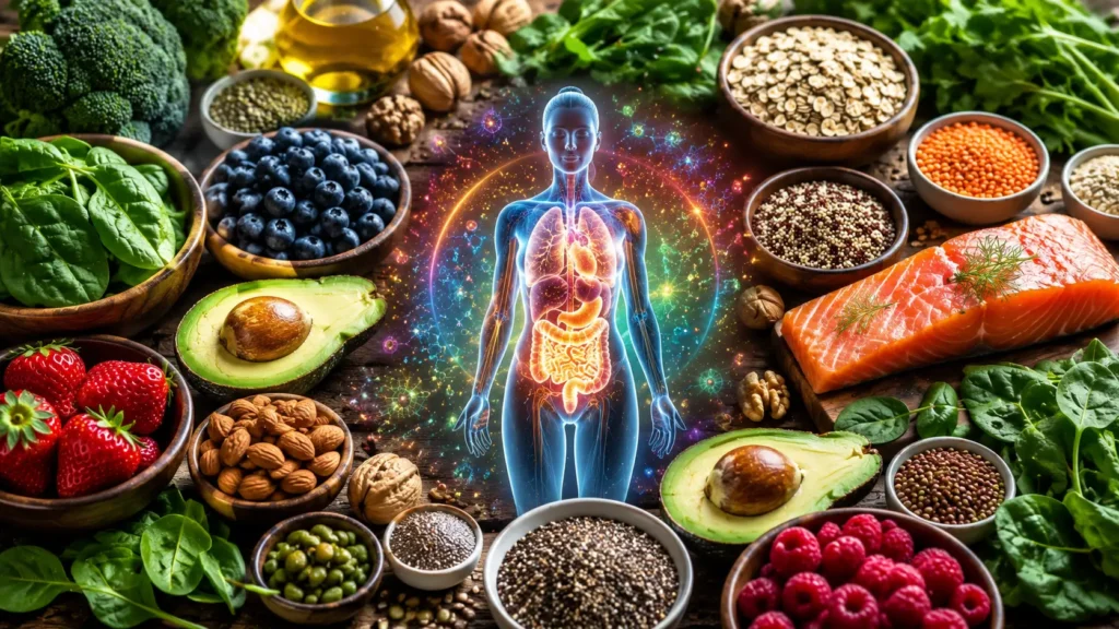 Colorful collection of foods that support healthy blood sugar levels including berries, vegetables, legumes, oats, and nuts.