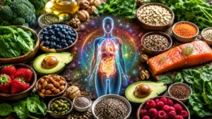Colorful collection of foods that support healthy blood sugar levels including berries, vegetables, legumes, oats, and nuts.