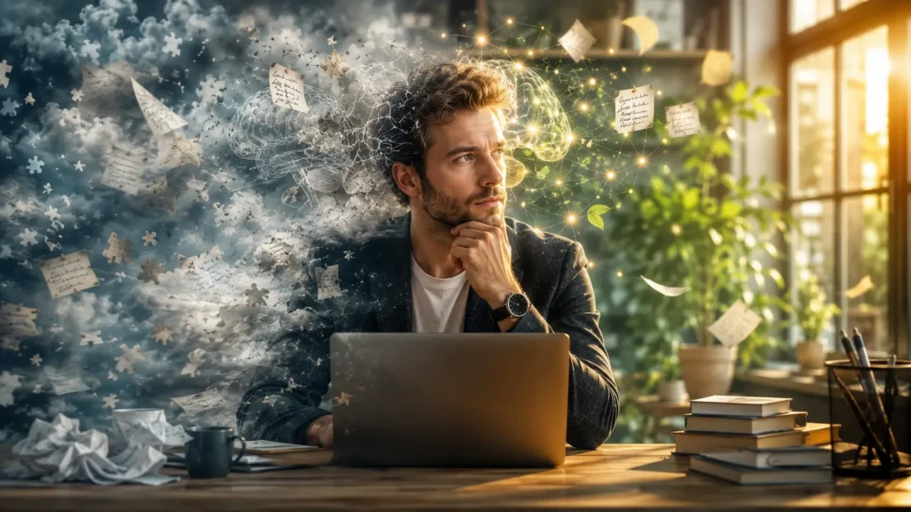 Adult experiencing brain fog with blurred thoughts and difficulty concentrating.