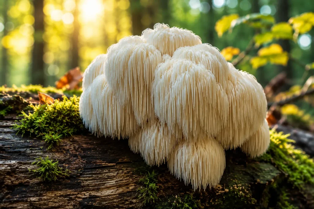 Fresh Lion's Mane mushroom displayed in a natural environment.