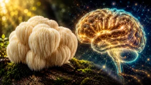 Lion's Mane mushroom glowing beside a healthy brain visualization representing focus, memory, and cognitive performance