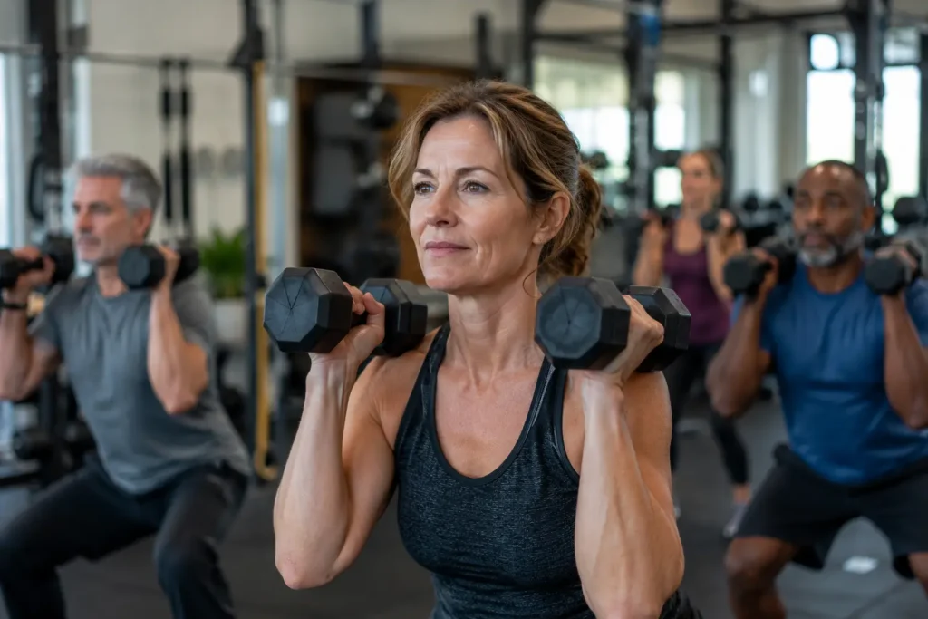 Active adults over 40 maintaining fitness and strength through resistance exercise.