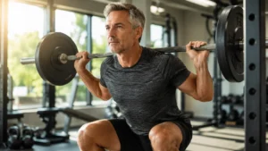 Healthy adult over 40 performing strength training with confidence and energy.