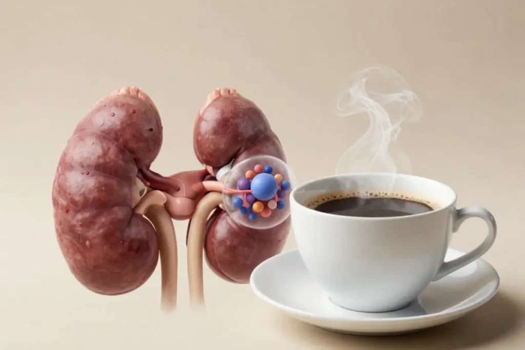 Scientific visualization illustrating the relationship between coffee consumption and magnesium regulation.