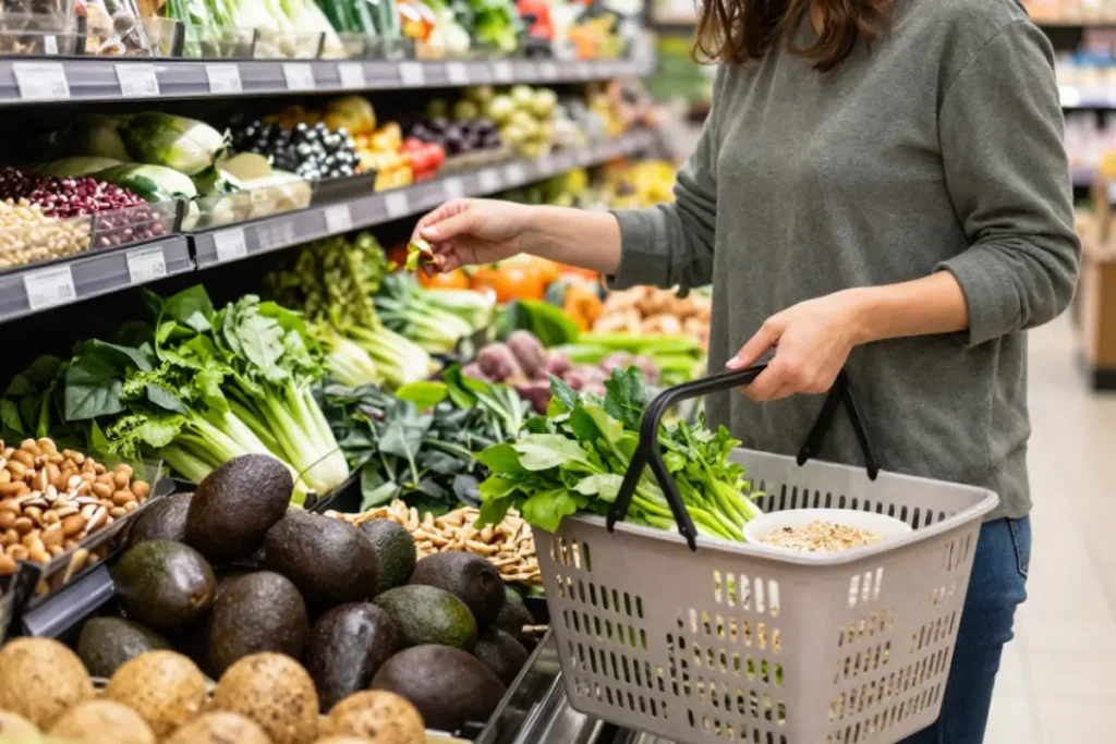 Person selecting fresh magnesium-rich foods at a grocery store.