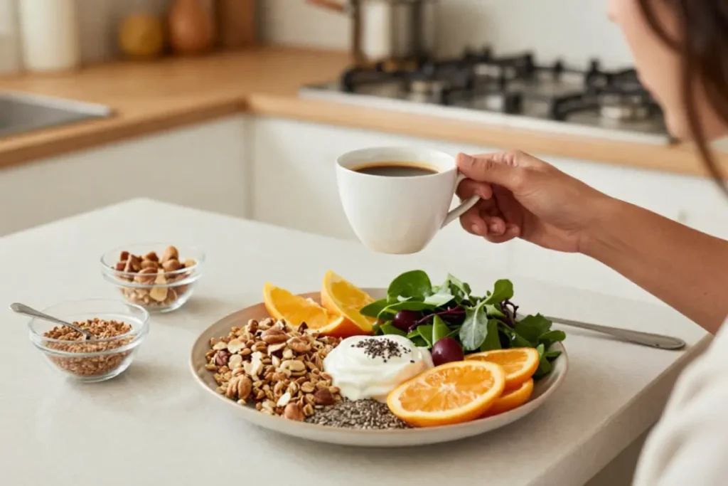 Person drinking coffee while eating a balanced breakfast rich in whole foods.