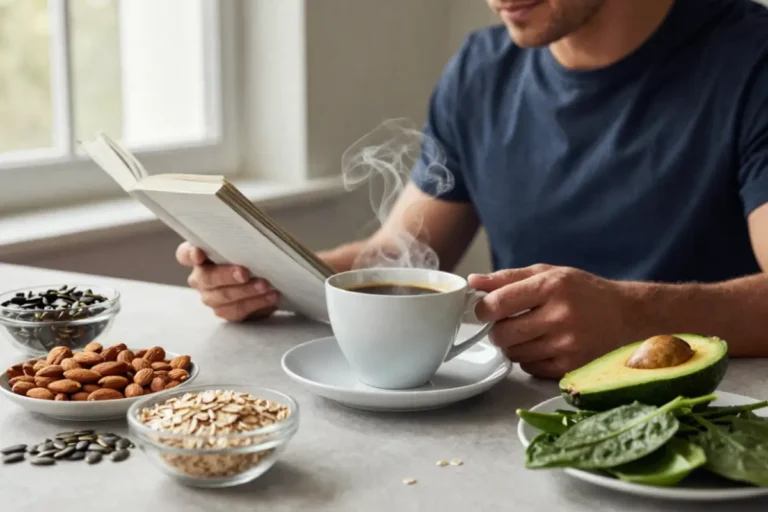 Morning coffee served alongside a nutritious breakfast containing magnesium-rich foods.