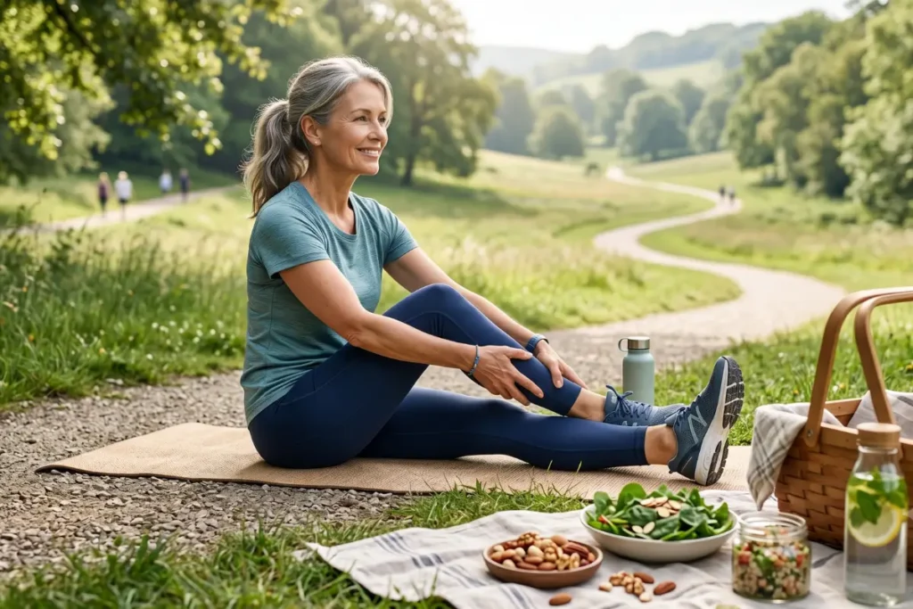 Active adult stretching calf muscles after exercise in a healthy outdoor setting.