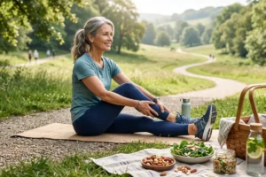 Active adult stretching calf muscles after exercise in a healthy outdoor setting.