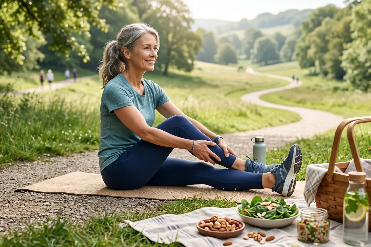 Active adult stretching calf muscles after exercise in a healthy outdoor setting.