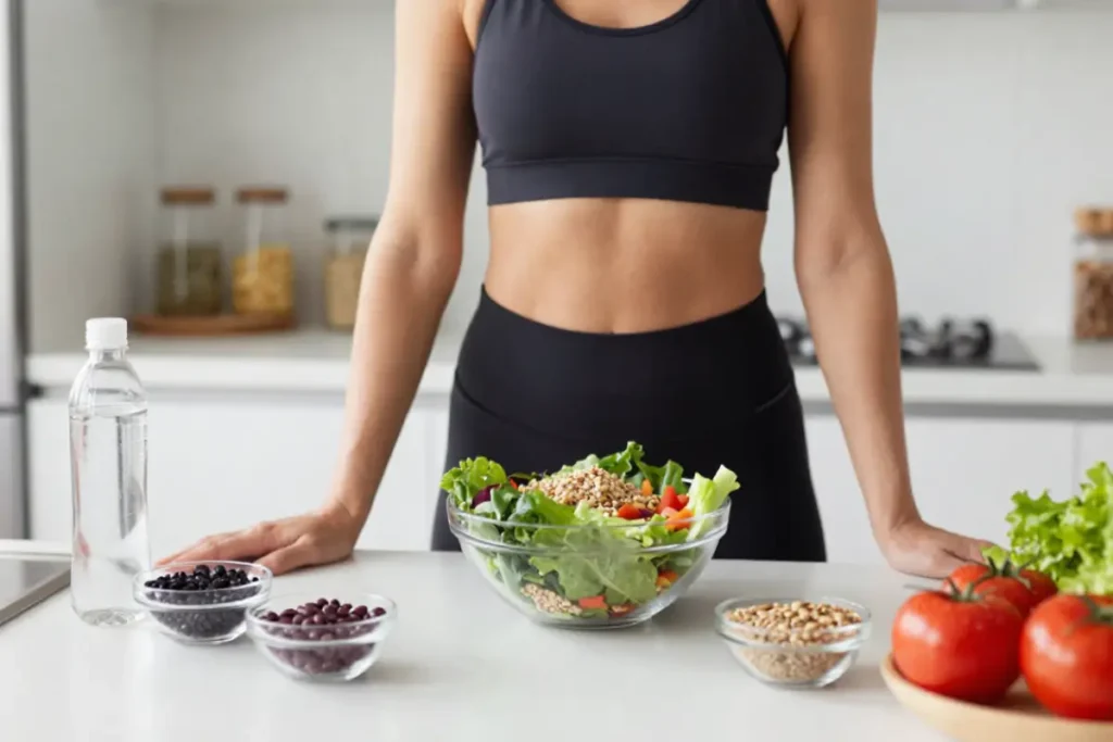 Active adult preparing a healthy meal after exercise to support muscle recovery.