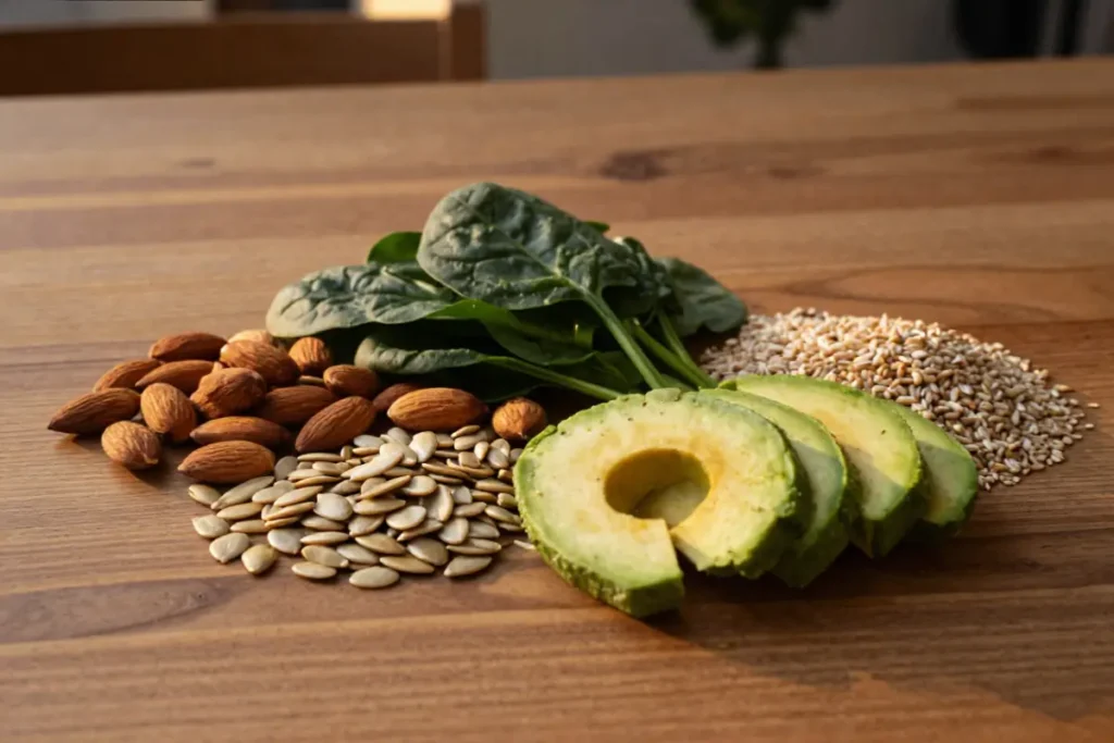 Selection of magnesium-rich whole foods commonly included in balanced diets.