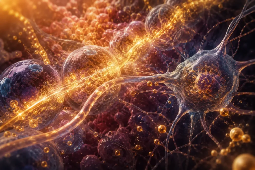 Conceptual biomedical visualization of potassium supporting healthy cellular activity.